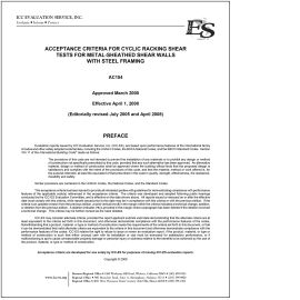 AC154 Cyclic Racking Shear Tests for Metal-sheathed Shear Walls with Steel Framing--Approved March 2000, Editorially Revised April 2008 cover image
